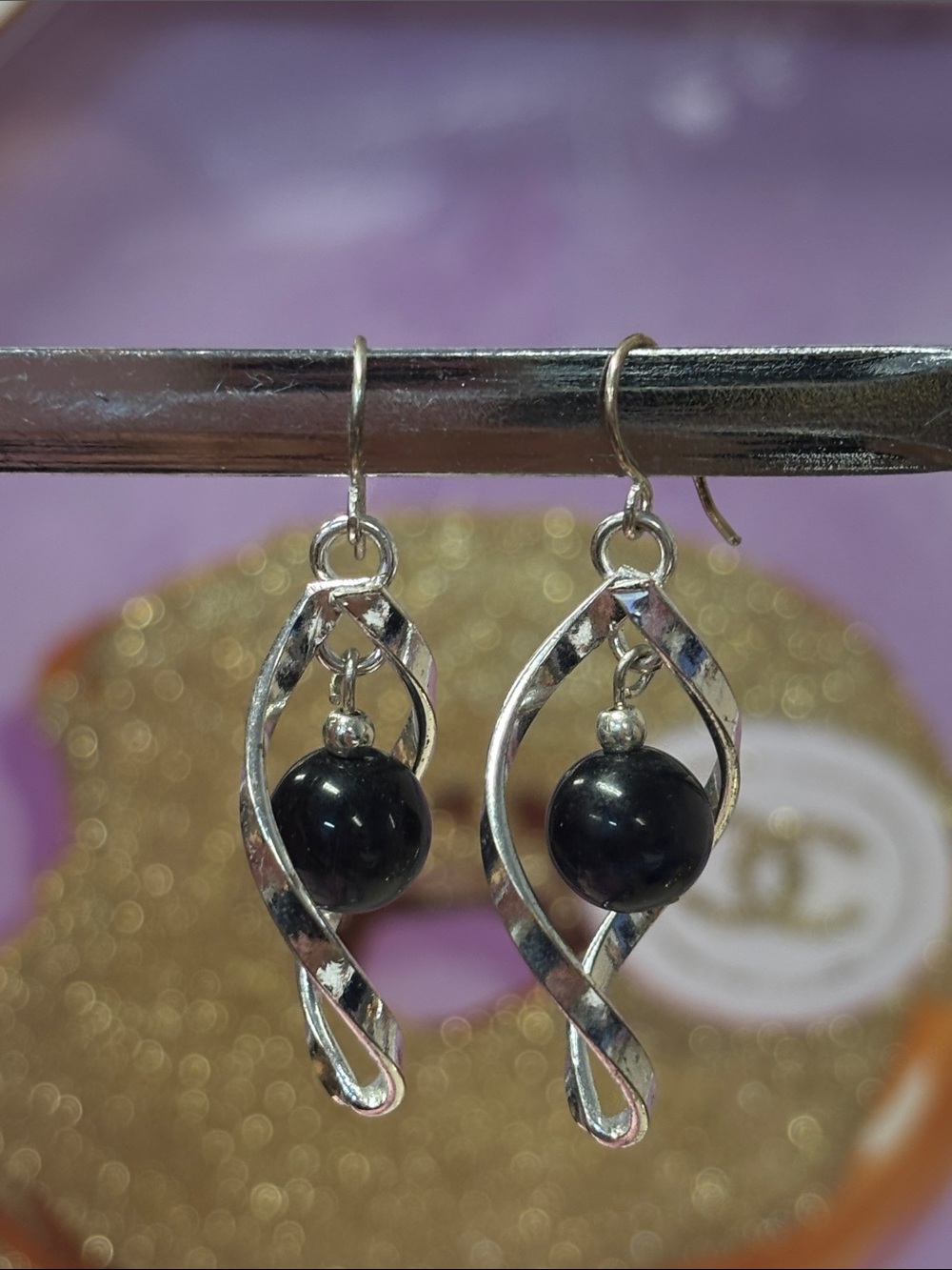 Silver Twist Drop Earrings with Black Bead